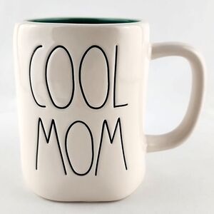 Rae Dunn Artisan Ceramic White Mug COOL MOM Large Letters Green Interior